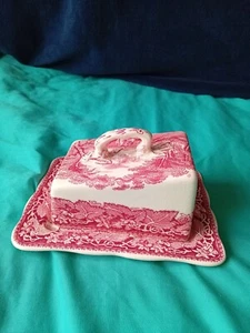 Vista Mason's Cheese/Butter Dish 1940’s Ironstone Pink/White Lidded England - Picture 1 of 13