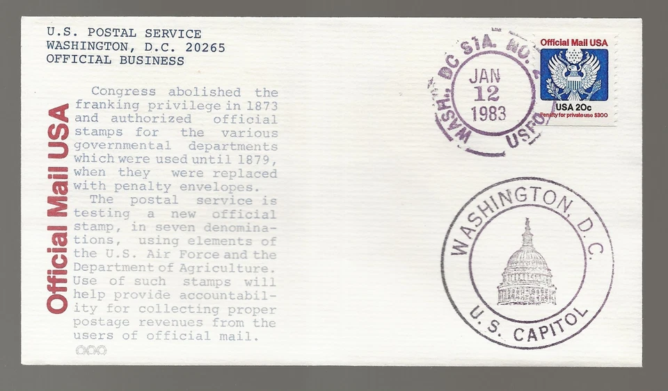 US Scott #O135, First Day Cover 1/12/83 Washington DC Single Official - Image 1 of 1