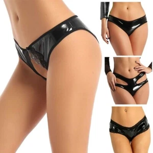 Para mujer Bragas Caramuzas Cuero Sintético Abiertas Entrepierna Look Mojado Ropa Interior - Imagen 1 de 30