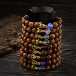 8/10MM Natural Stone Beaded Bracelet Wooden Stone Gold Silver Dragon Bangle Men - Picture 1 of 51