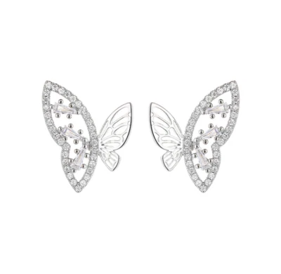 Mujeres 925 Plata Post Baguette Circonita cúbica Hueca Mariposa Pendientes Caja de Regalo PE28 Foto 1 de 4
