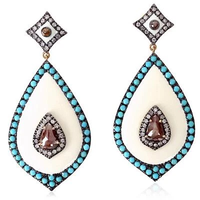 3.61ct Ice Diamond Pear Enamel Turquoise Dangle Earrings 925 Sterling Silver - Image 1 of 4