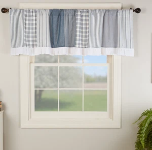 Country Primitive Farmhouse Sawyer Mill Blue White Patchwork Valance 72" x 19" - Picture 1 of 3