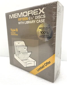 NEW SEALED MEMOREX 5.25" FLOPPY BOX OF 15 w LIBRARY CASE TYPE B 2D-40 - Picture 1 of 7