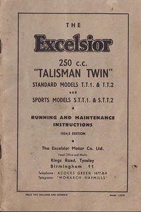 EXCELSIOR  250cc TALISMAN TWIN TT1 TT2 STT1 STT2   WORKSHOP SERVICE MANUAL 1955 - Picture 1 of 2