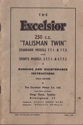 EXCELSIOR  250cc TALISMAN TWIN TT1 TT2 STT1 STT2   WORKSHOP SERVICE MANUAL 1955 - Image 1 of 2