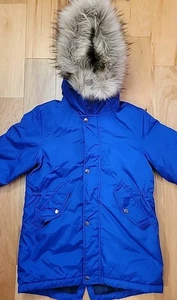 J Crew Youth Winter Coat Parka Size L Blue Hooded Faux Fur Trim  Primaloft - Picture 1 of 14
