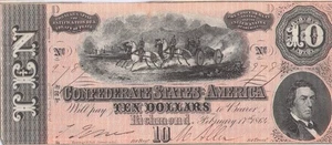 1864 10 $ Ten Note Confederate Note Near Uncirculated - Bild 1 von 2