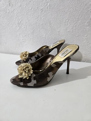 Women's 3D Flower Mule Heels Pearl Accent Camo Slip On Stilettos Size 8.5 - Image 1 of 4