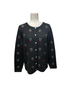 Orvis 100% Wool Christmas Holiday Wreaths Black Cardigan Sweater Womens Medium - Picture 1 of 3