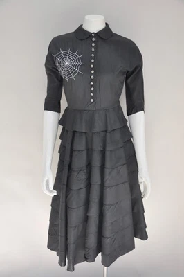 Vintage 1940s Black Ruffled Dress Spider Web Goth Girl Witchy Party Dress XS - Image 1 of 4