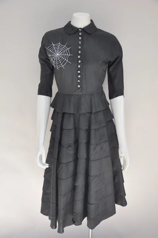 Vintage 1940s Black Ruffled Dress Spider Web Goth Girl Witchy Party Dress XS - Image 1 of 4