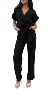 PRETTYGARDEN Women's Jumpsuit Short Sleeve Wrap V Neck Belted Wide Leg 2X BLACK - Picture 1 of 7