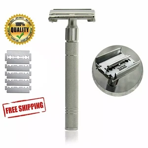 NEW 4" LONG HANDLE MEN BUTTERFLY OPEN DOUBLE EDGE SAFETY RAZOR + 5 SHAVING BLADE - Picture 1 of 4
