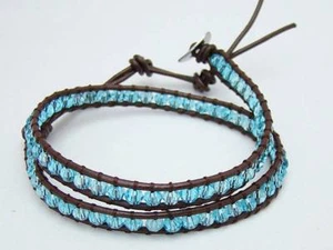 Pulsera envolvente todas las cuentas de CRISTAL AZUL de 4 mm pulsera de moda de cuero real - Imagen 1 de 2