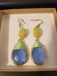Handcrafted Blue Teardrop Faceted Green Gem Yellow GP Hook Earrings 3" (13089) - Picture 1 of 2