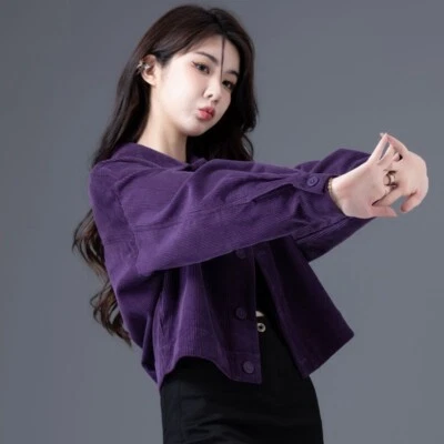 Lady Corduroy Short Jacket Long Sleeve Shirts Button Corduroy Outerwear Classic - Image 1 of 4