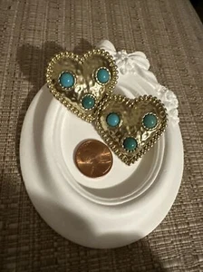 Simulated Turquoise Vintage Style Heart Shape S925 Stud Earrings Huge - Picture 1 of 6