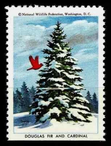 1966 NATIONAL WILDLIFE FEDERATION Poster Stamp 🦋 DOUGLAS FIR & CARDINAL 🦋 NWF - Picture 1 of 1