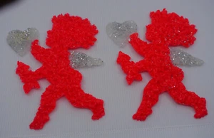 2 VINTAGE PLASTIC MELTED POPCORN CUPID VALENTINE DECORATIONS, 10 IN, w GLITTER - Picture 1 of 5
