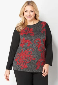 Suéter Rojo Negro Gris Plata Brillo Diseño PLUS 1X 3X Top Camisa CJBanks - Imagen 1 de 2