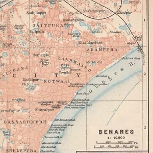 Varanasi Vārāṇasī Benares 1914 INDIA ORIGINAL MAP CITY PLAN Hindustan - Picture 1 of 9
