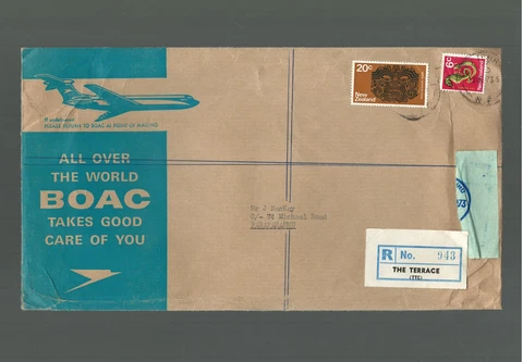New Zealand Airmail Cover The Terrace to Paraparaumu North Island 1973 Boac 10x6 Cover