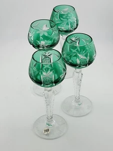 Set Of 4 Lausitzer Bohemian Crystal Green Cut Glass Etched. No Chips Or Cracks - Picture 1 of 14