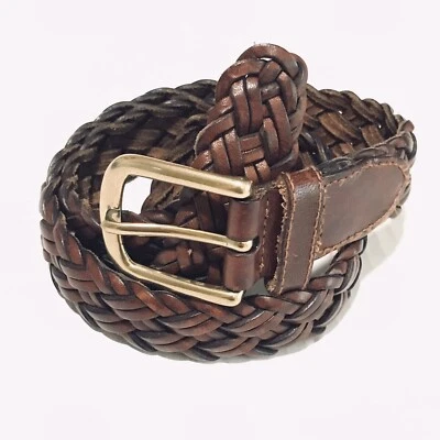 Cinturón de cuero clásico con hebilla de latón correa tejida BOHO vaquera costera fósil talla M Foto 1 de 4