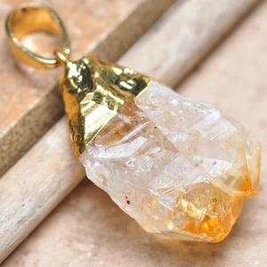Yellow Quartz Crystal Point Natural Calcite 24K .9999 Yellow gold Pendant #020 - Picture 1 of 1