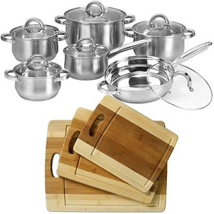 Juego de utensilios de cocina de 12 piezas sartén de acero inoxidable + 3 piezas tabla de cortar de bambú orgánico - Imagen 1 de 10