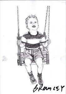 David Bromley Original DRAWING on PAPER 30x20cm CHILD ON SWING Black & White - Picture 1 of 2