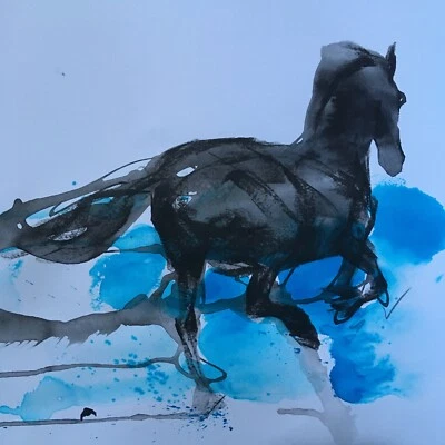 Dibujo de estudio de tinta original firmado pintura de un caballo aprox. A3 Foto 1 de 4