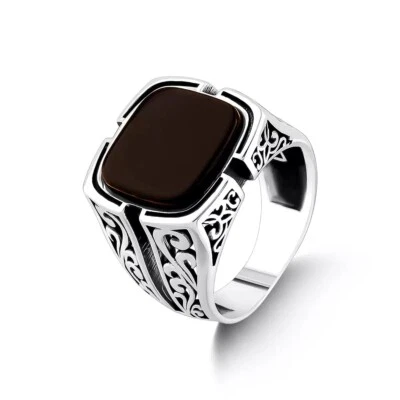 925 Sterling Silver Handmade Black Onyx Gemstone Men's Solid Ring Jewelry Gift - Image 1 of 4