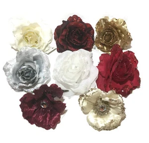 Artificial Giltter Flower Rose with Clips Bouquet Home Decor Wedding Christmas - Picture 1 of 46
