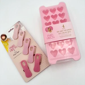 PARIS HILTON Pink Heart Shaped Ice Tray Set and Pink Bag Clips - Picture 1 of 4