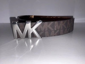 Michael Kors MK Damen Silber MK Logo Schnalle Braun Gürtel Größe M Brandneu ohne Etikett - Bild 1 von 6