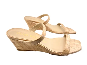 $450 STUART WEITZMAN Womens 7 Aleena Wedge Slide Sandal Patent Leather Cork Nude - Picture 1 of 11