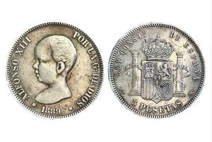 SPAIN 1889- ALFONSO XIII - 5 PESETAS ☆18 ☆89 - SILVER / PLATA 0.9 - Imagen 1 de 4