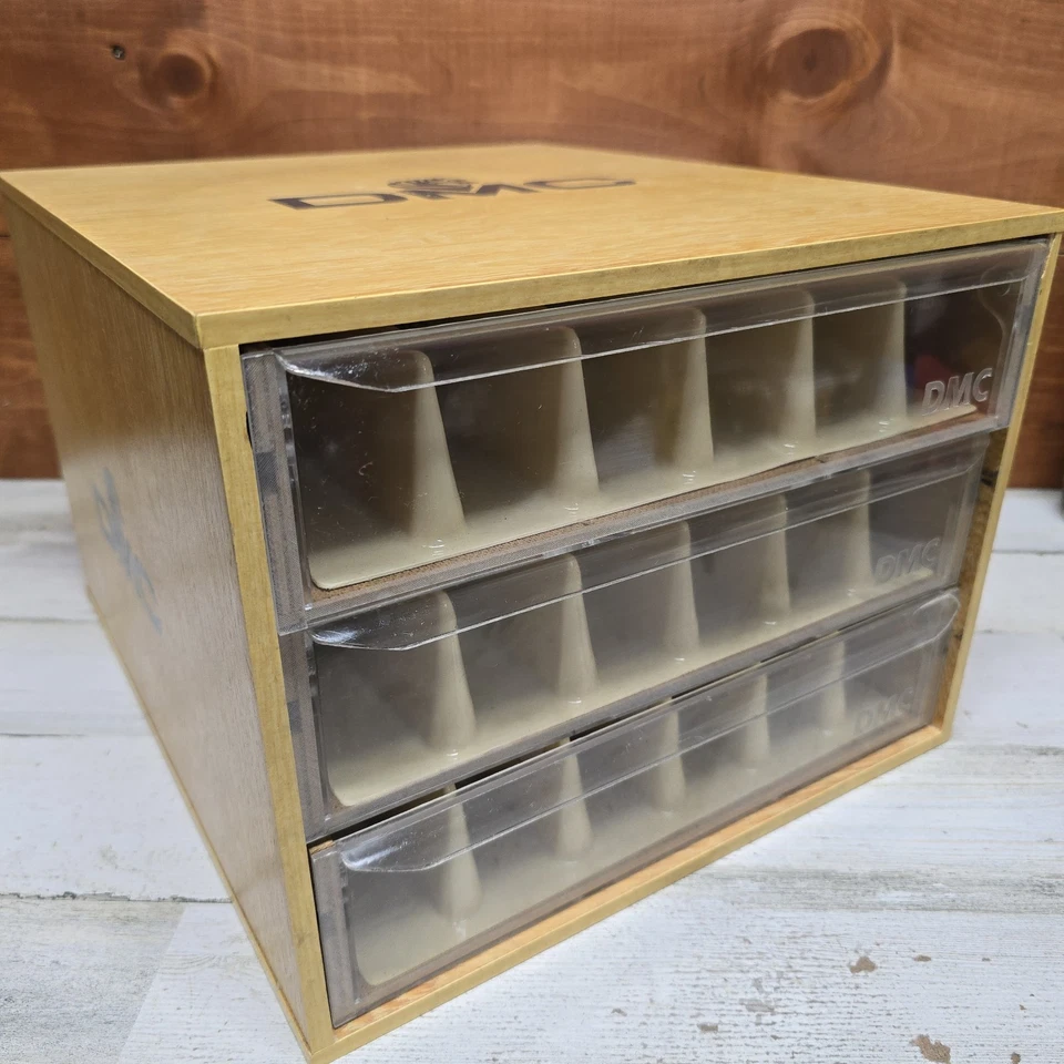 Vintage DMC Embroidery Floss Wood Storage 3 Drawer Box With Dividers A7 - Image 1 of 4