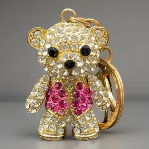 Schlüsselanhänger 3D Tier Bär Kristall weiß & rosa Strass Taschenanhänger # - Bild 1 von 9