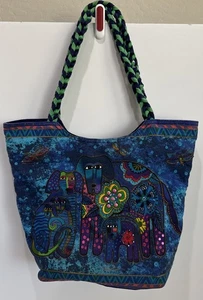 Laurel Burch Canvas Tote Purse Bag Colorful Blue Dogs Whimsical Braided Handles - Picture 1 of 12