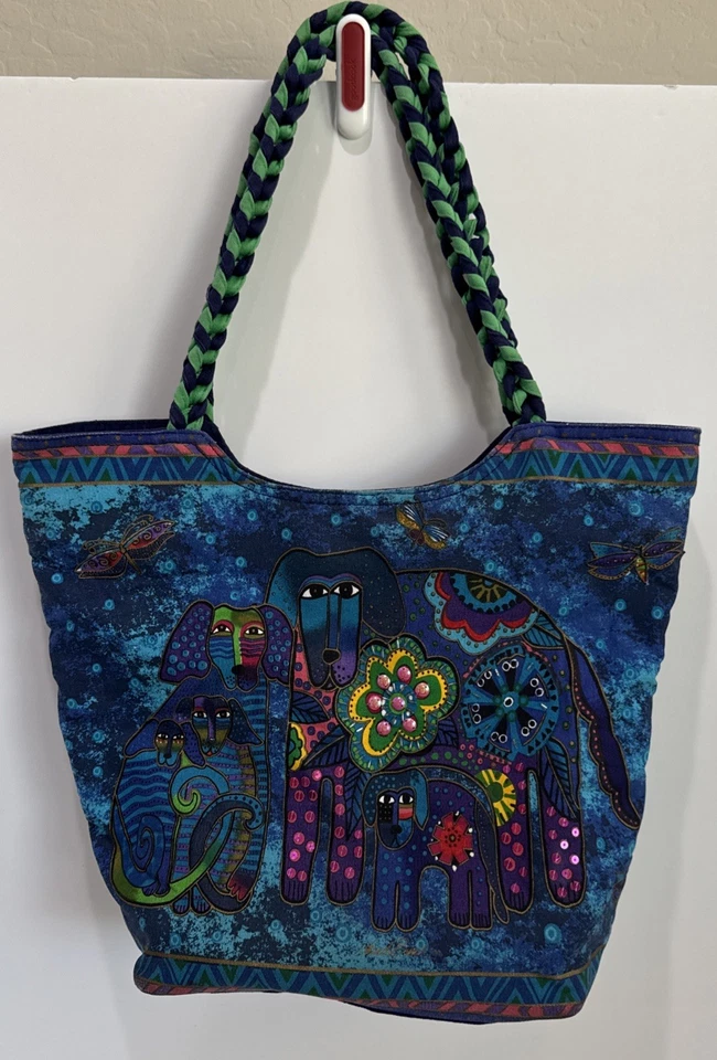 Laurel Burch Canvas Tote Purse Bag Colorful Blue Dogs Whimsical Braided Handles - Image 1 of 4
