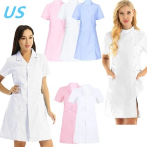 US Womens Nurse Cosplay Uniform Dress Solid Short Sleeve Button Scrub Lab Coat - Picture 1 of 60