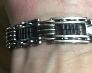 Men Stainless Steel and Black Rubber Chain Link Bracelet - Picture 1 of 8