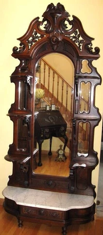 RENAISSANCE WALNUT AND BURL MARBLE TOP ETAGERE Cover