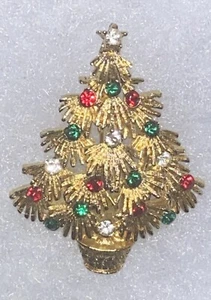 VTG Christmas Tree Brooch Gold Tone Sparkling Pin Unsigned 2 1/4” Tall Jewelry - Picture 1 of 14
