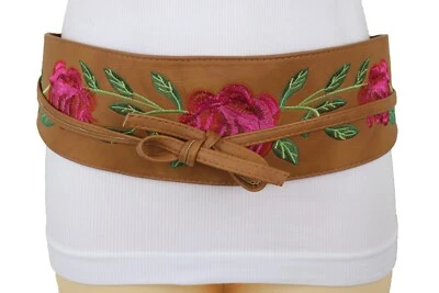 Mujeres Marrón Envoltura Moda Asiática Kimono Corbata Aspecto Clásico Cinturón Rojo Rosa Flores S M Foto 1 de 4