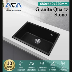 Black Granite Stone Single Kitchen Sink Basin Top/Undermount Overflow 680x440mm - Picture 1 of 8