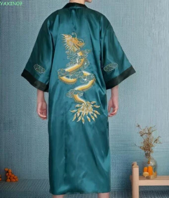 Roupão de banho masculino bordado cetim dragão quimono pijama roupa de dormir roupões de banho - Imagem 1 de 4